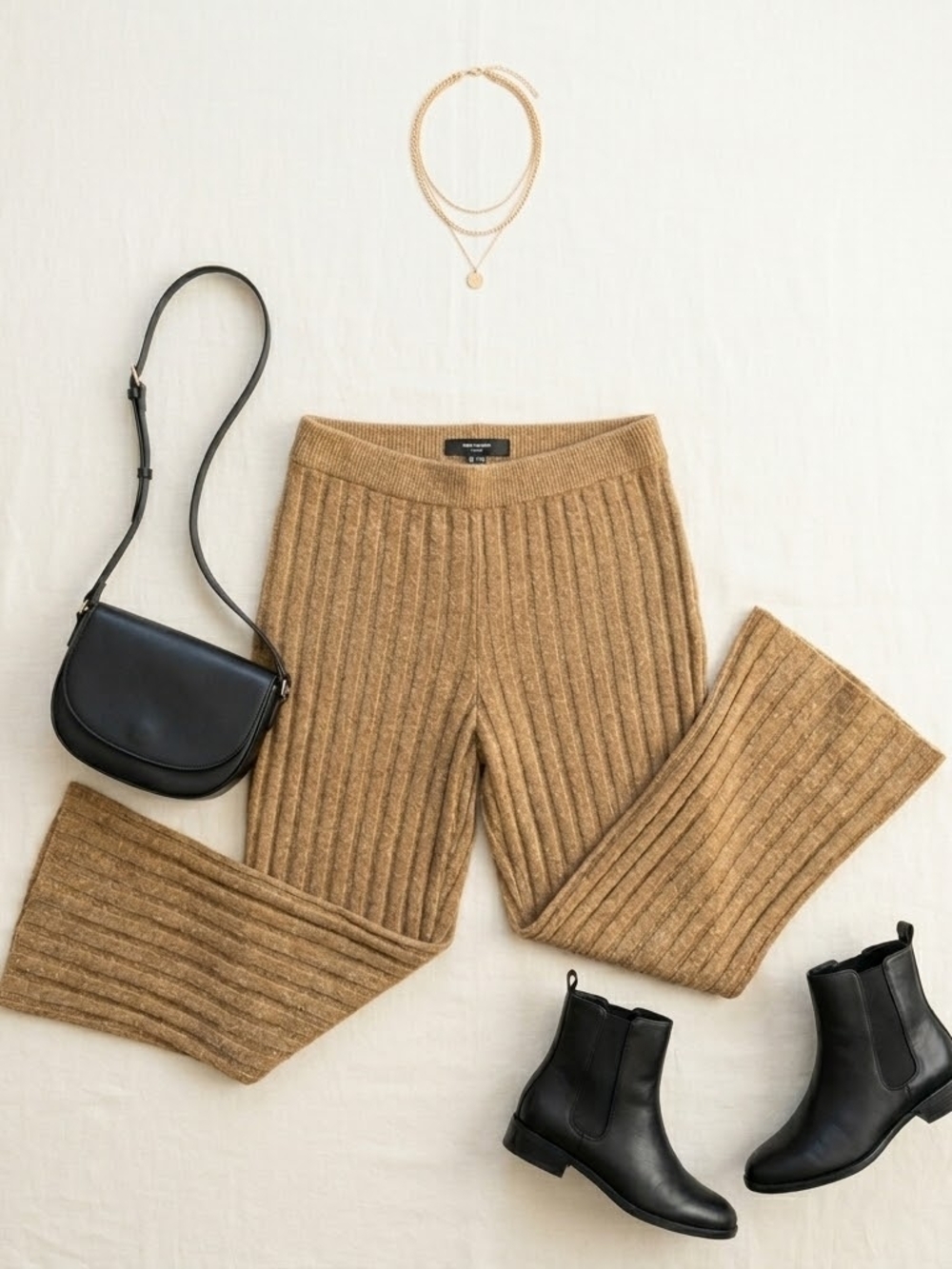 Ribbed Knit Flared Pants in Camel - Picture 3 of 14